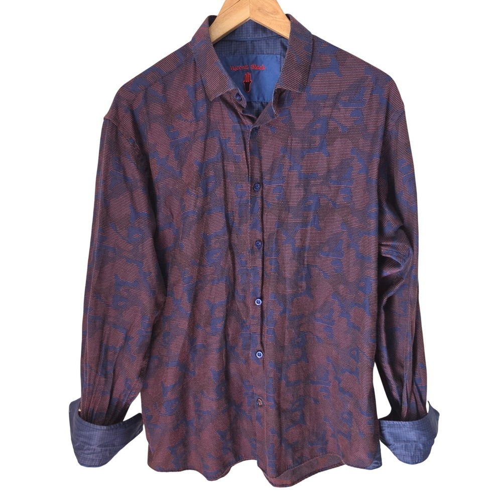 Visconti Black Mens Large Navy Burgundy Abstract Jacquard Button Up Shirt L